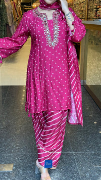 Gajji Silk Bandhani Print Suit Set with Mirror Work & Farshi Salwar
