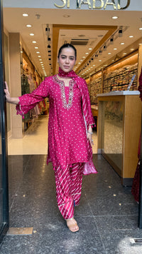 Gajji Silk Bandhani Print Suit Set with Mirror Work & Farshi Salwar