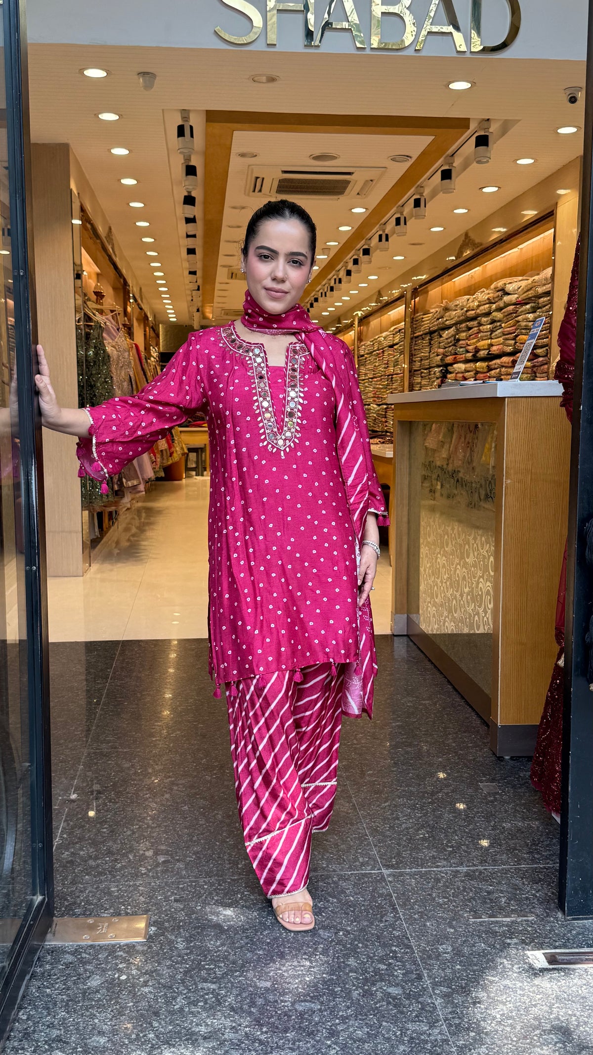 Gajji Silk Bandhani Print Suit Set with Mirror Work & Farshi Salwar
