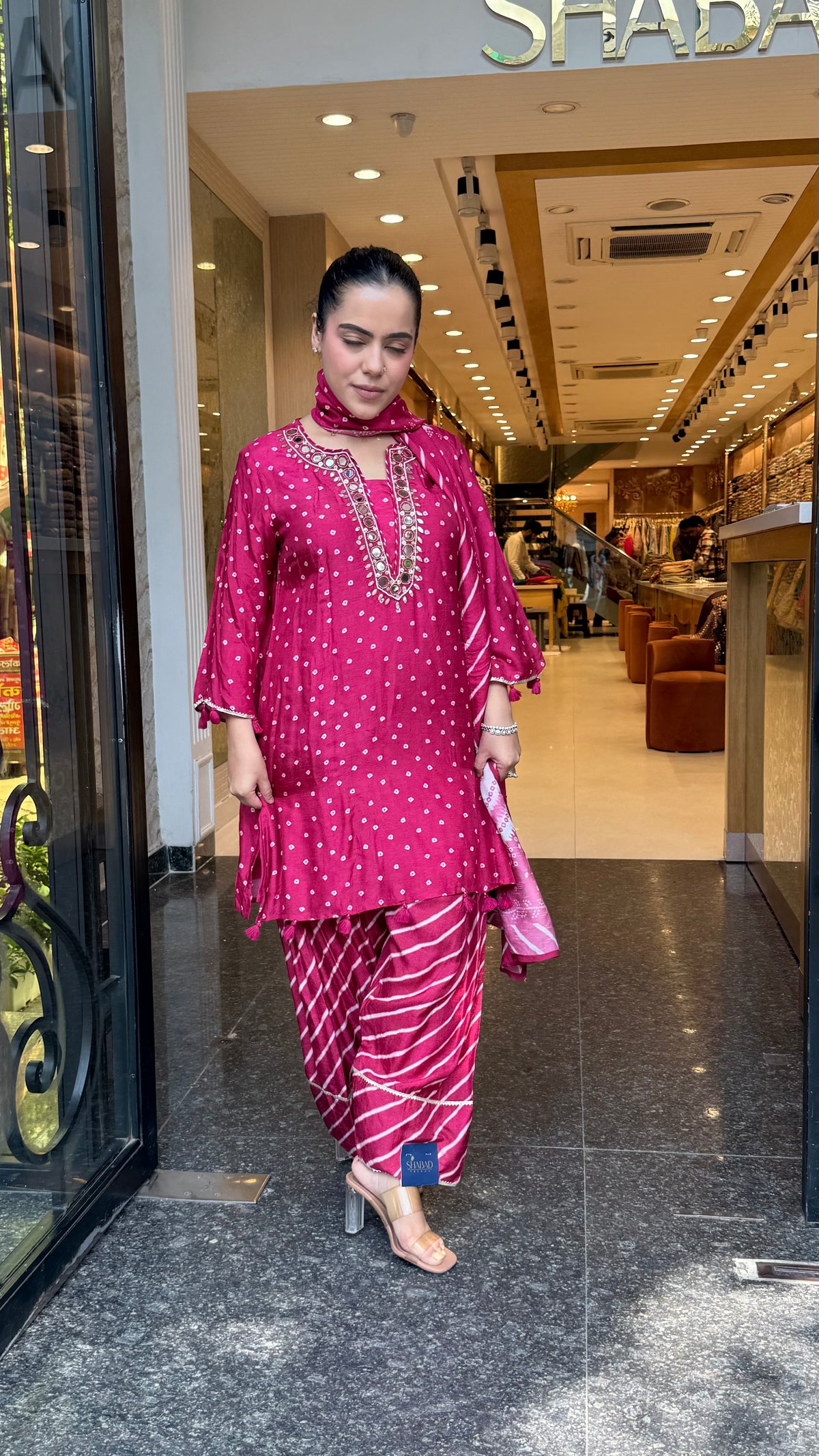 Gajji Silk Bandhani Print Suit Set with Mirror Work & Farshi Salwar