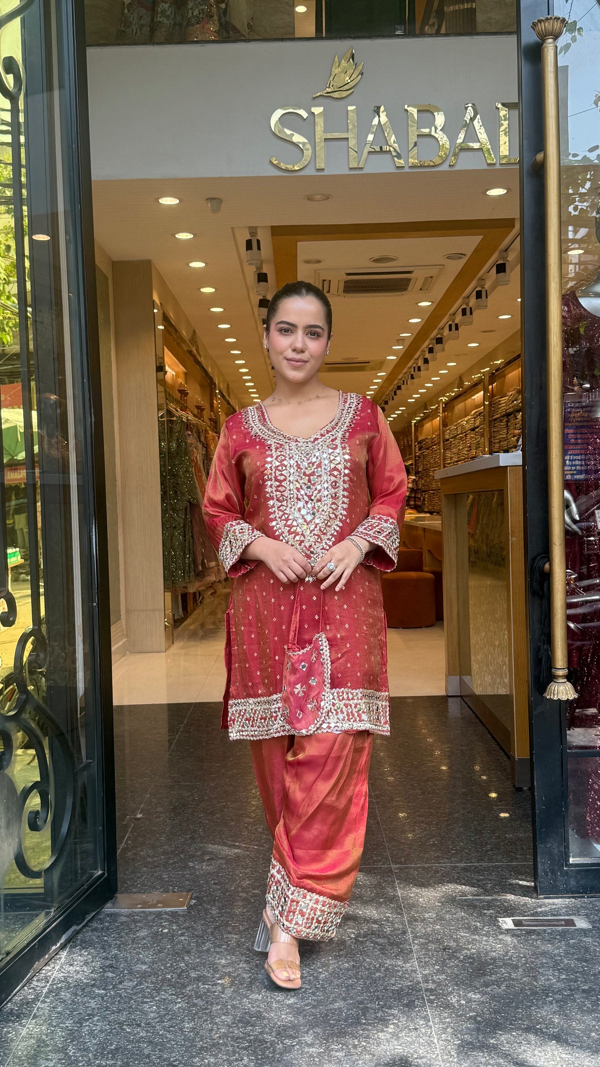 Shimmer Tissue Co-Ord Set with Mirror Work Neckline, Farshi Salwar & Potli
