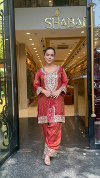 Shimmer Tissue Co-Ord Set with Mirror Work Neckline, Farshi Salwar & Potli