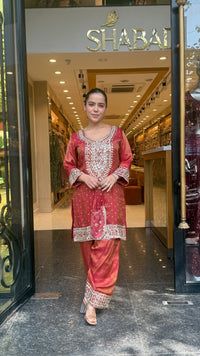 Shimmer Tissue Co-Ord Set with Mirror Work Neckline, Farshi Salwar & Potli