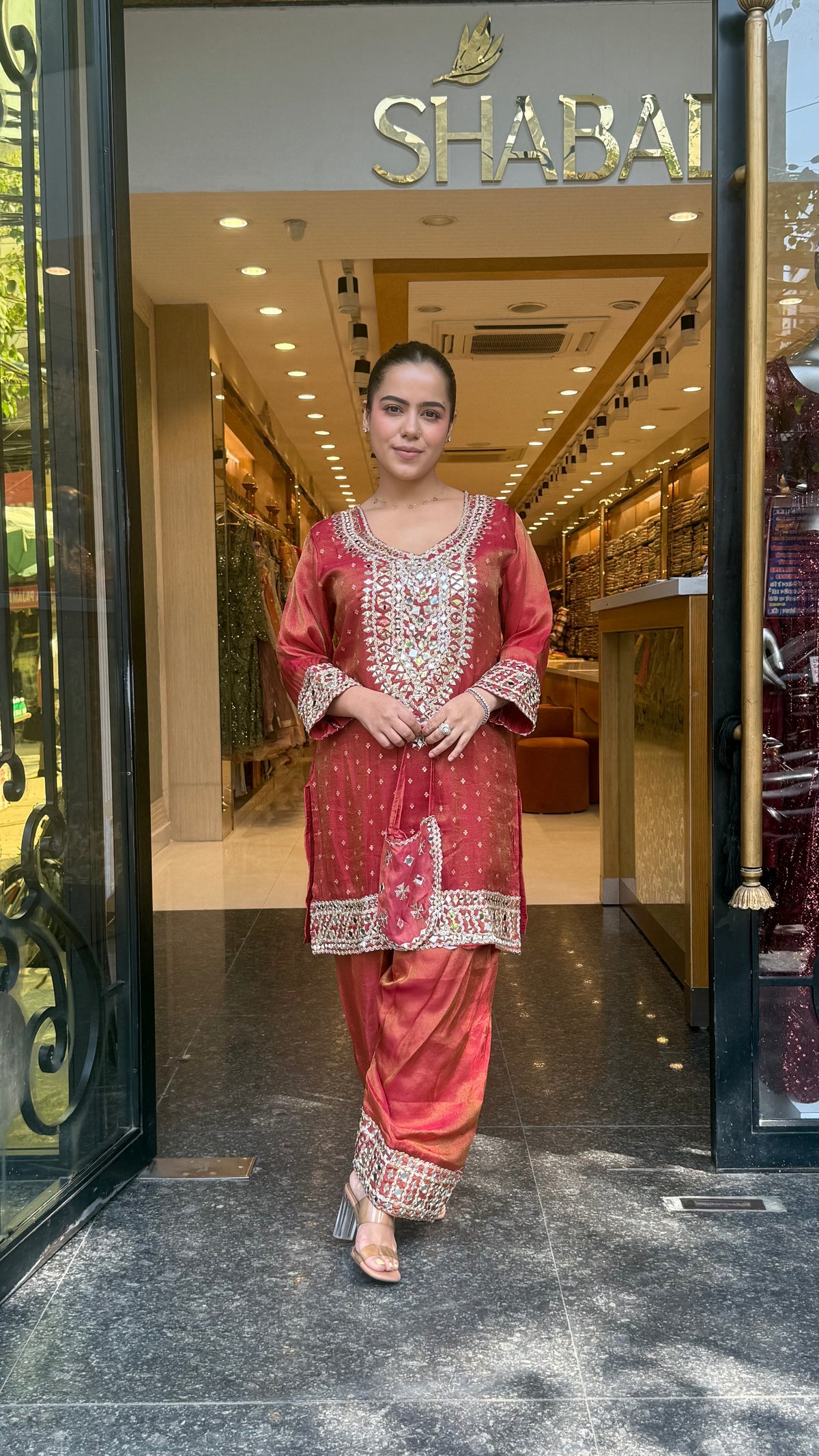Shimmer Tissue Co-Ord Set with Mirror Work Neckline, Farshi Salwar & Potli