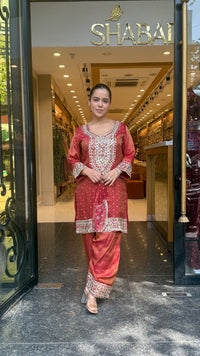 Shimmer Tissue Co-Ord Set with Mirror Work Neckline, Farshi Salwar & Potli