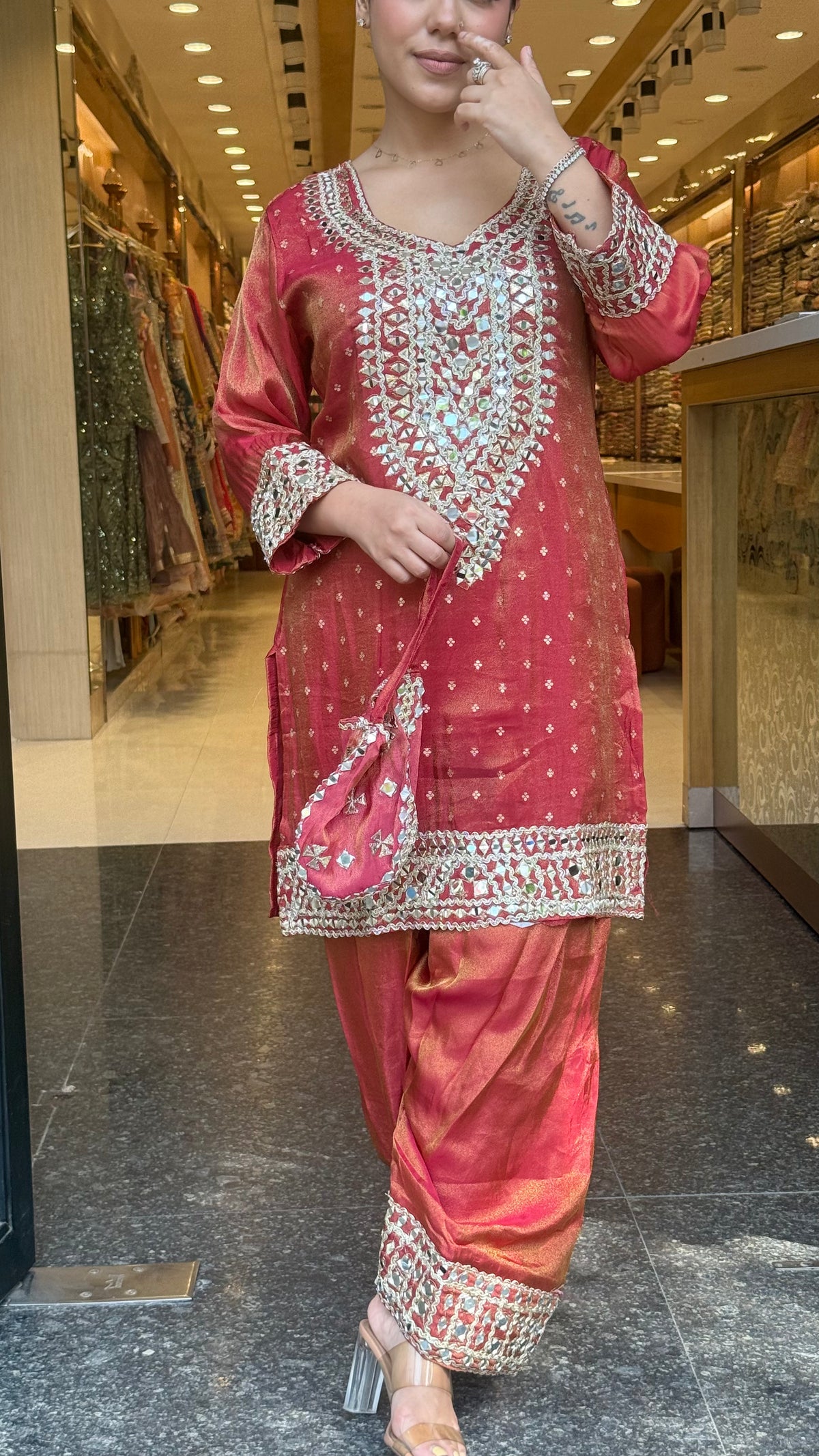 Shimmer Tissue Co-Ord Set with Mirror Work Neckline, Farshi Salwar & Potli