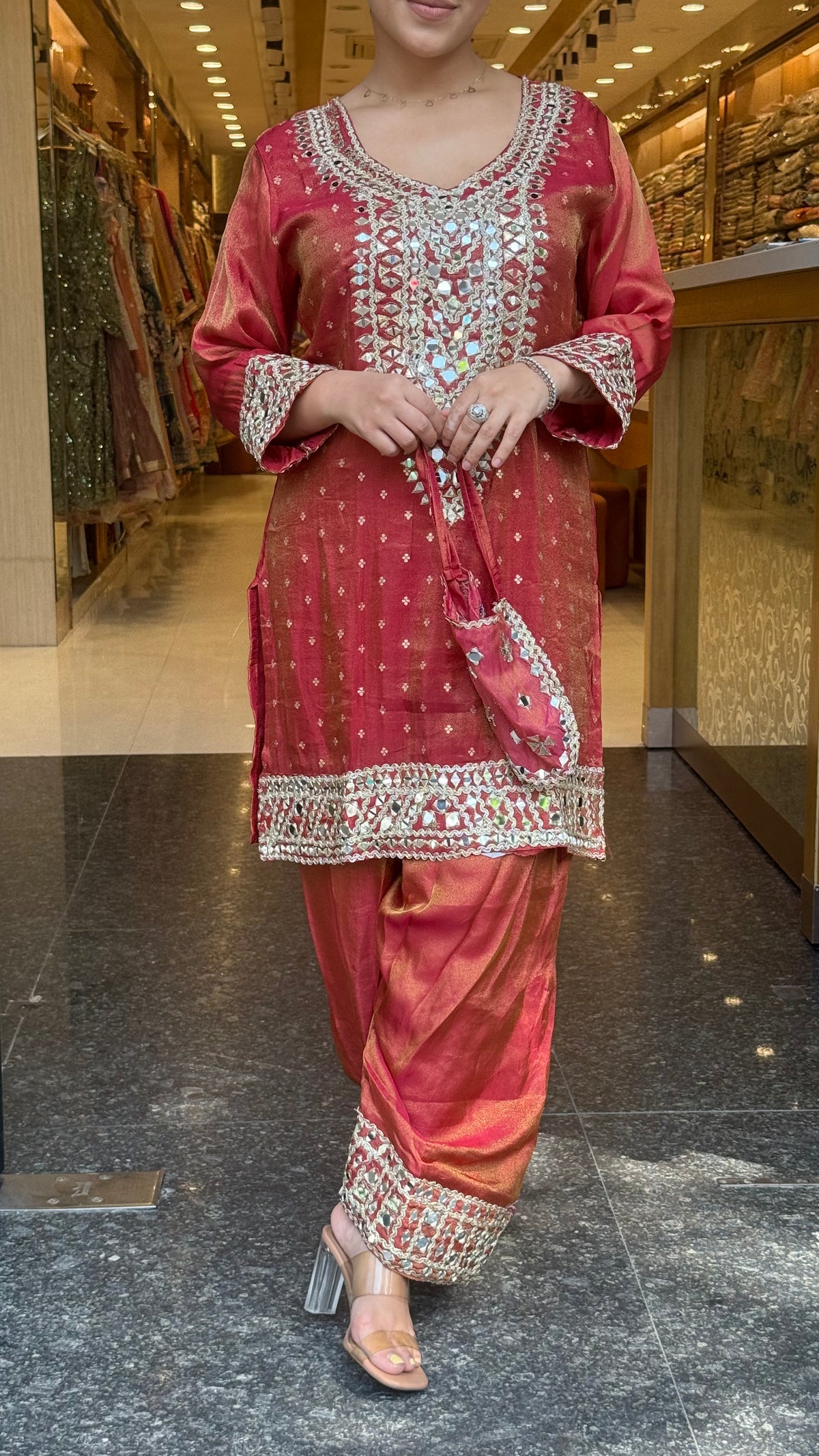Shimmer Tissue Co-Ord Set with Mirror Work Neckline, Farshi Salwar & Potli