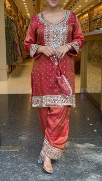 Shimmer Tissue Co-Ord Set with Mirror Work Neckline, Farshi Salwar & Potli