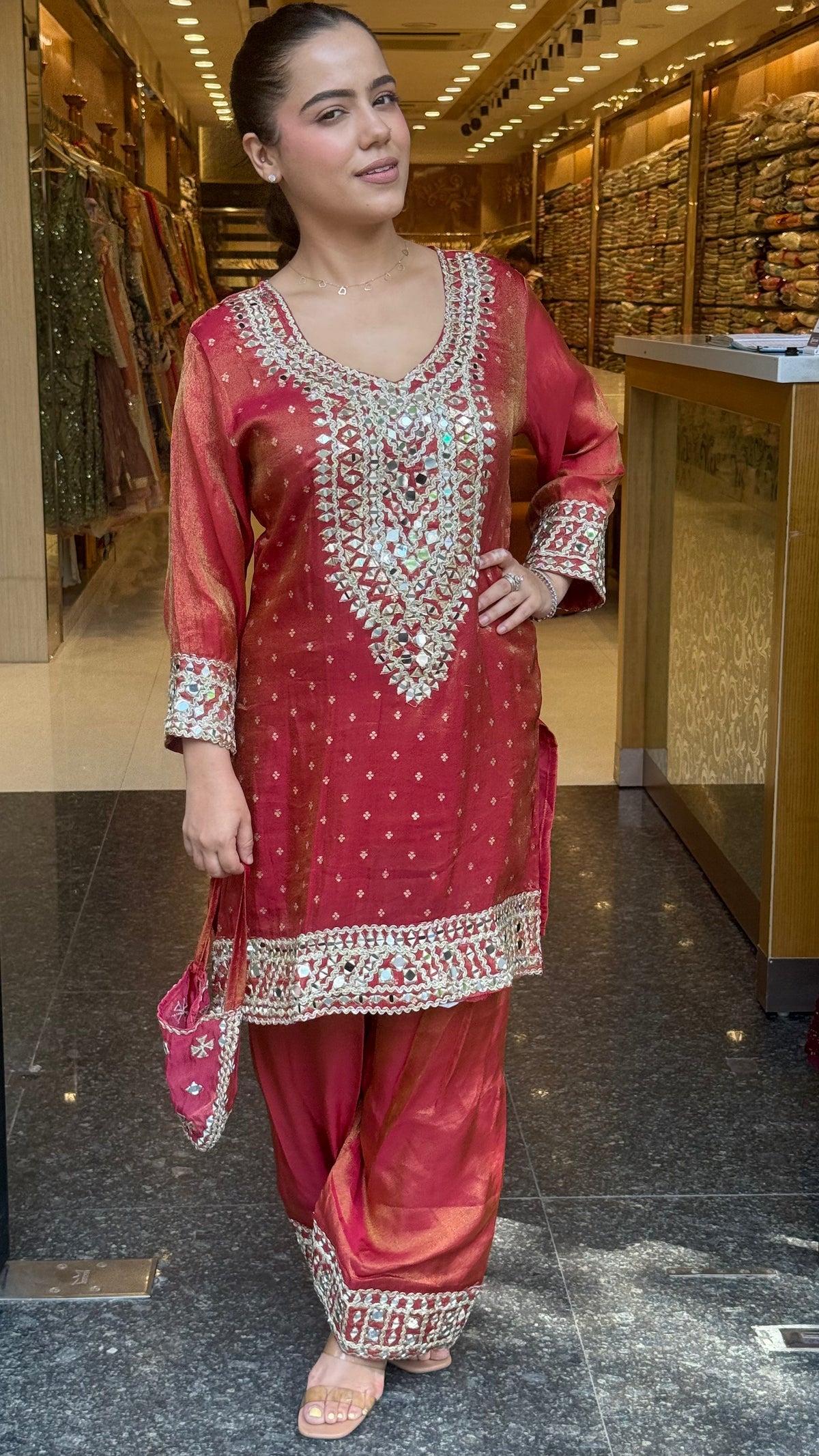 Shimmer Tissue Co-Ord Set with Mirror Work Neckline, Farshi Salwar & Potli