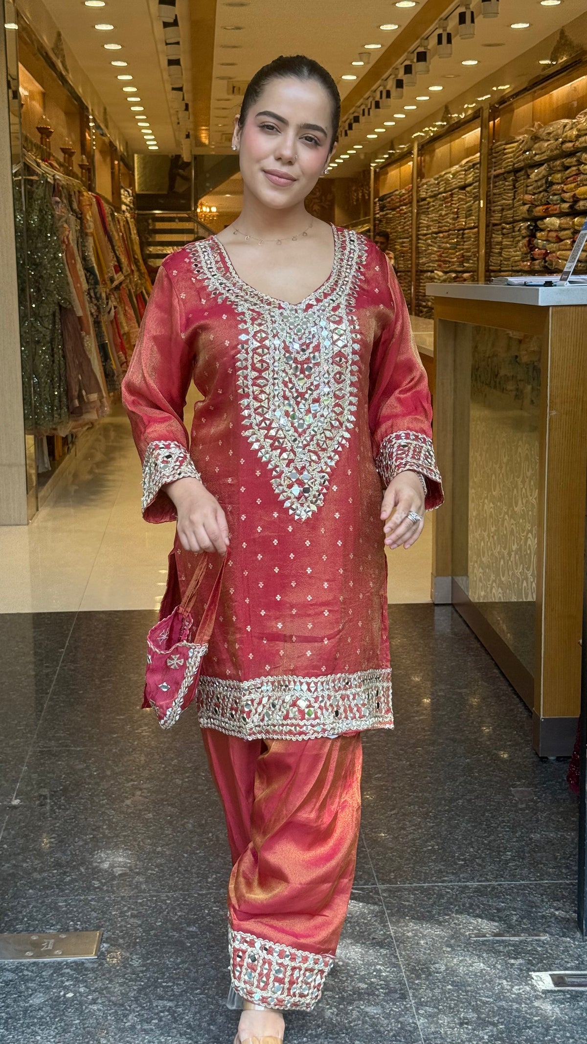 Shimmer Tissue Co-Ord Set with Mirror Work Neckline, Farshi Salwar & Potli