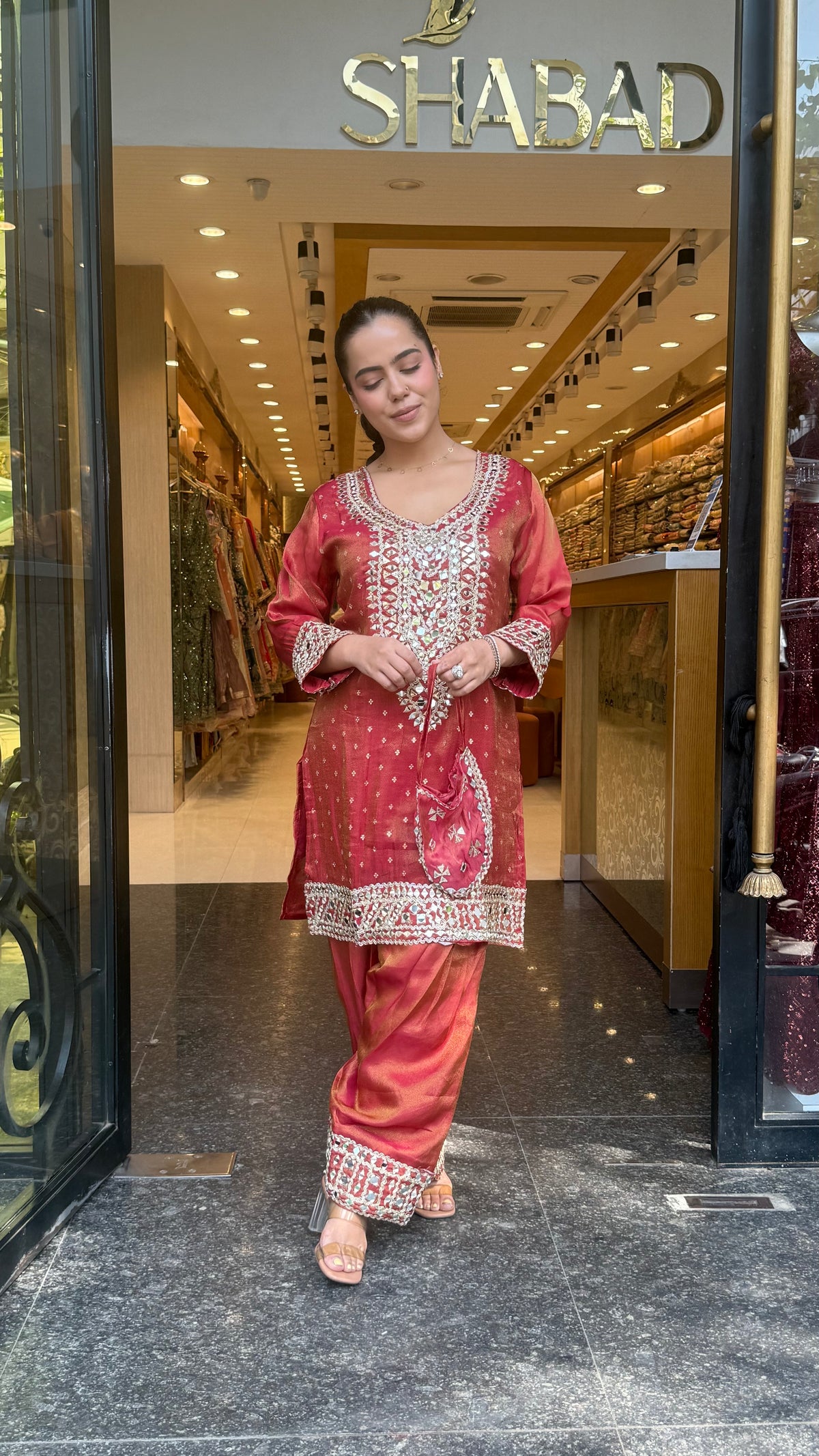 Shimmer Tissue Co-Ord Set with Mirror Work Neckline, Farshi Salwar & Potli