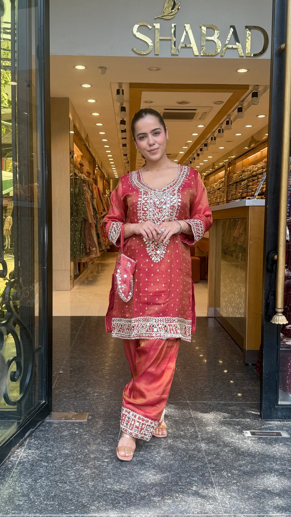 Shimmer Tissue Co-Ord Set with Mirror Work Neckline, Farshi Salwar & Potli