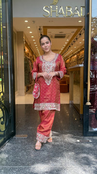 Shimmer Tissue Co-Ord Set with Mirror Work Neckline, Farshi Salwar & Potli