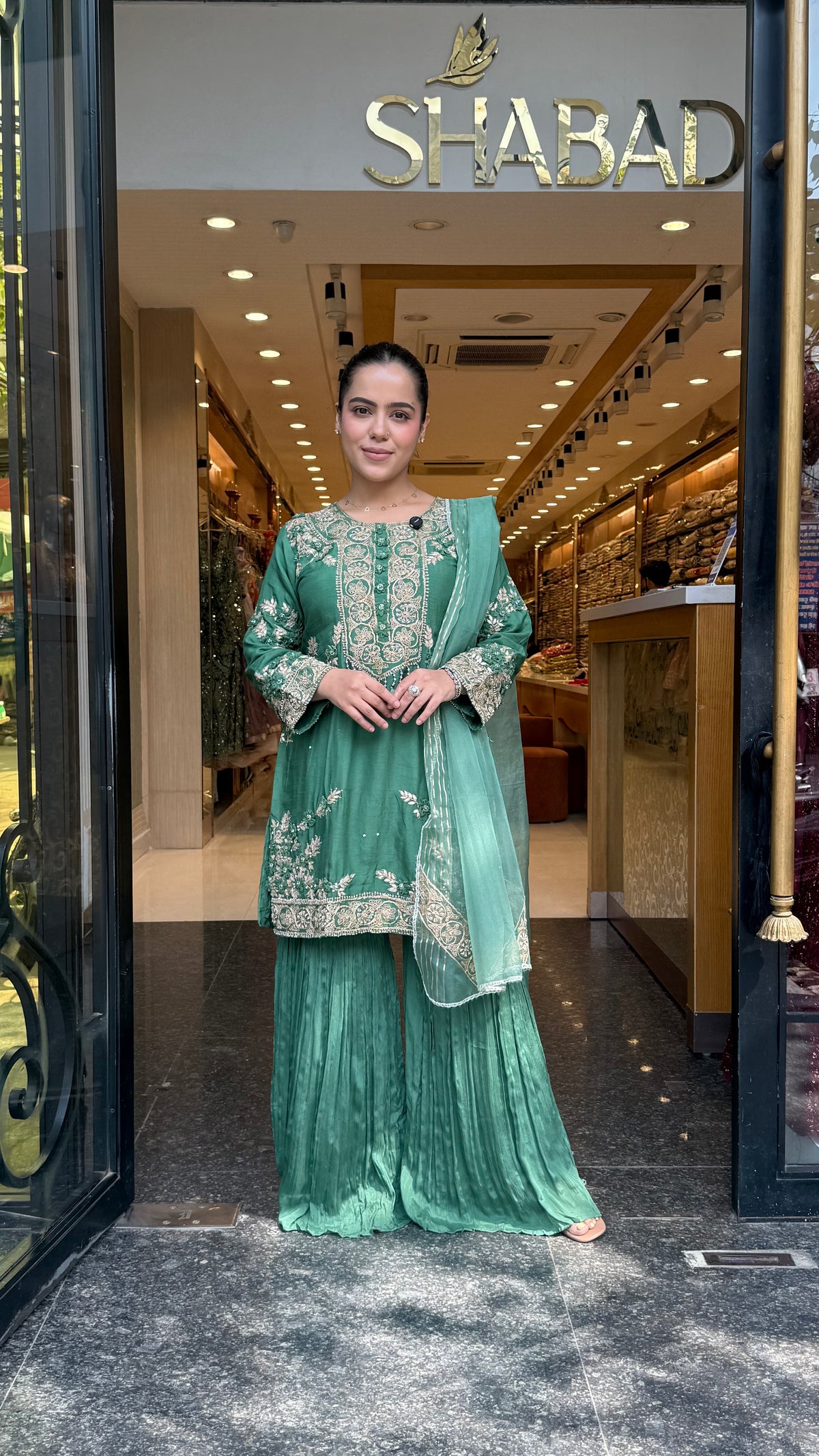 Silk Suit Set with Chinon Garara, Dori Work, Gotta & Pearl Detailing