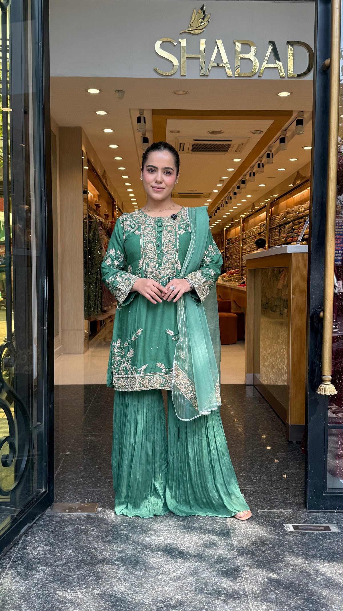 Silk Suit Set with Chinon Garara, Dori Work, Gotta & Pearl Detailing