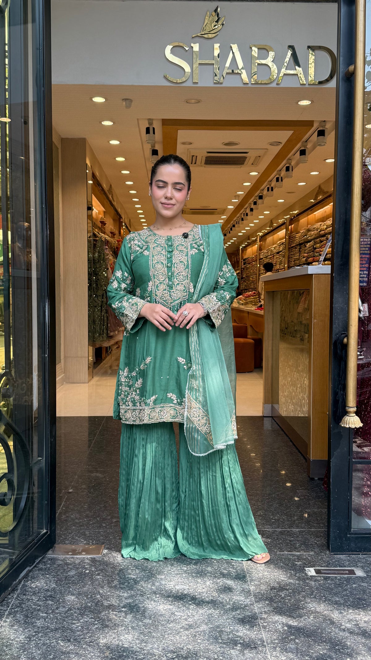 Silk Suit Set with Chinon Garara, Dori Work, Gotta & Pearl Detailing