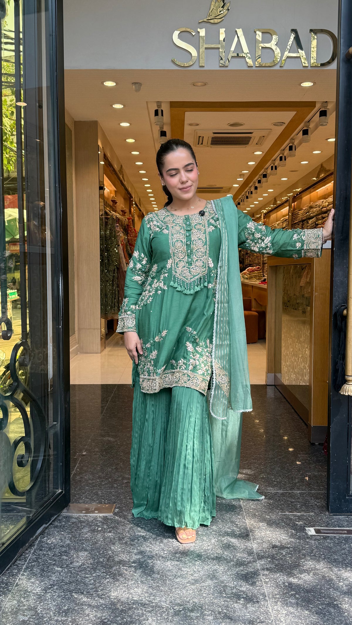 Silk Suit Set with Chinon Garara, Dori Work, Gotta & Pearl Detailing