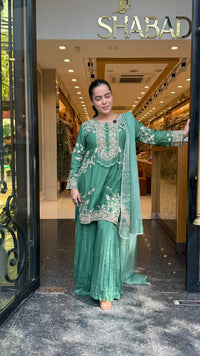 Silk Suit Set with Chinon Garara, Dori Work, Gotta & Pearl Detailing