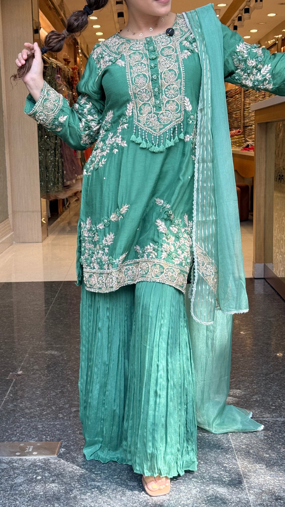 Silk Suit Set with Chinon Garara, Dori Work, Gotta & Pearl Detailing