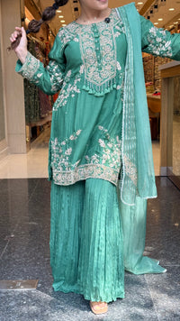 Silk Suit Set with Chinon Garara, Dori Work, Gotta & Pearl Detailing