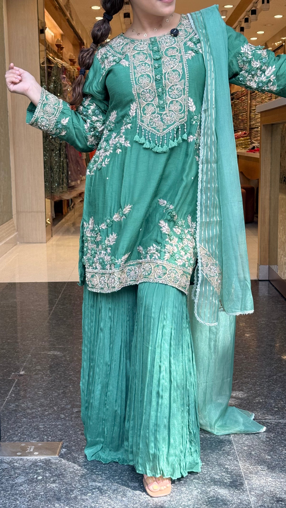 Silk Suit Set with Chinon Garara, Dori Work, Gotta & Pearl Detailing