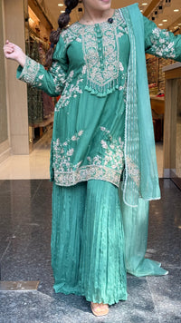 Silk Suit Set with Chinon Garara, Dori Work, Gotta & Pearl Detailing