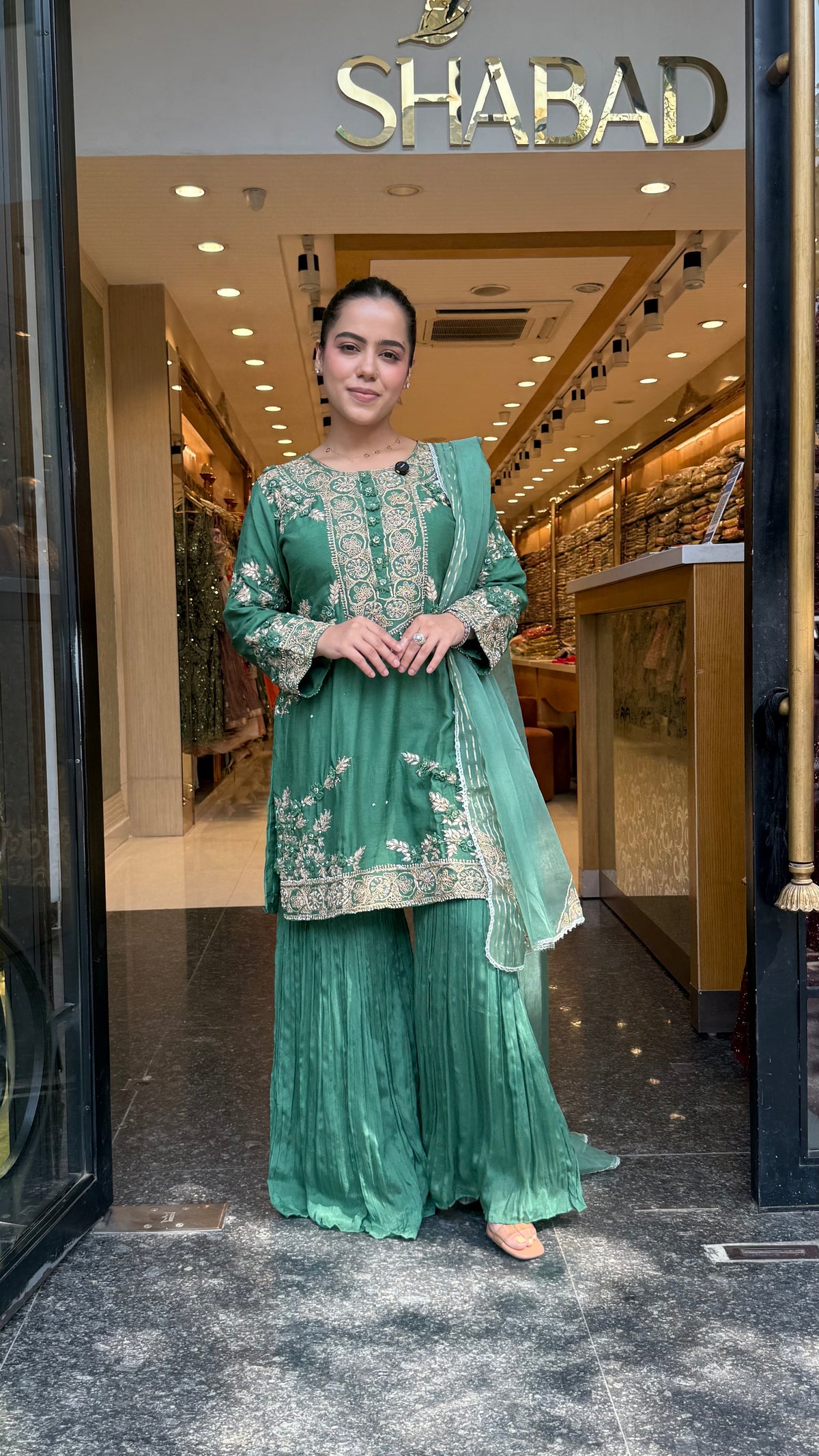 Silk Suit Set with Chinon Garara, Dori Work, Gotta & Pearl Detailing