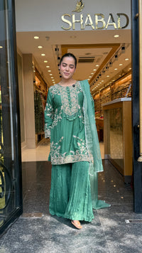 Silk Suit Set with Chinon Garara, Dori Work, Gotta & Pearl Detailing