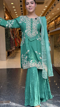 Silk Suit Set with Chinon Garara, Dori Work, Gotta & Pearl Detailing