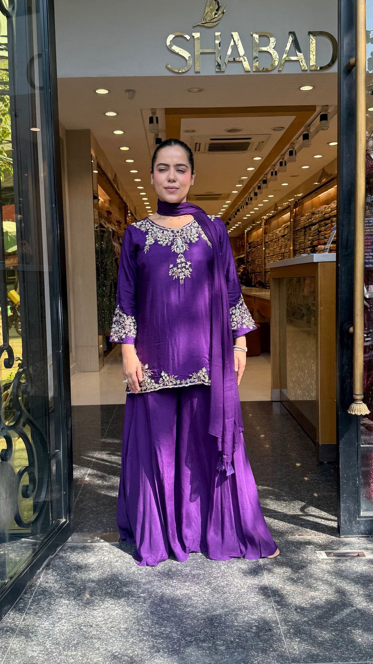Gajji Silk Shirt & Chinon Suit Set with Dabka, Sequin & Pearl Work