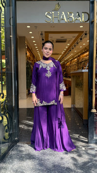 Gajji Silk Shirt & Chinon Suit Set with Dabka, Sequin & Pearl Work