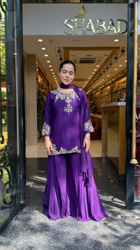 Gajji Silk Shirt & Chinon Suit Set with Dabka, Sequin & Pearl Work