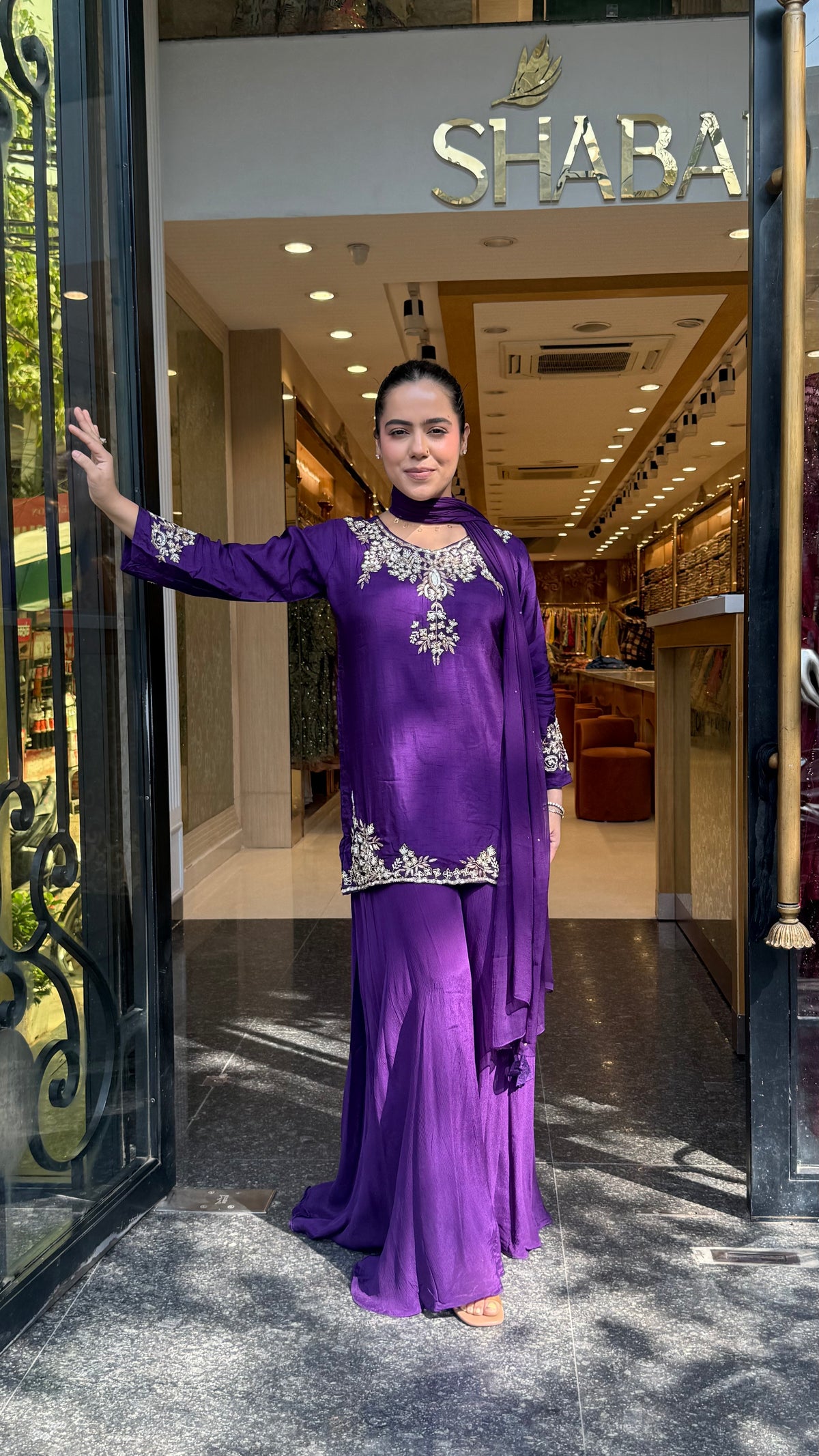 Gajji Silk Shirt & Chinon Suit Set with Dabka, Sequin & Pearl Work