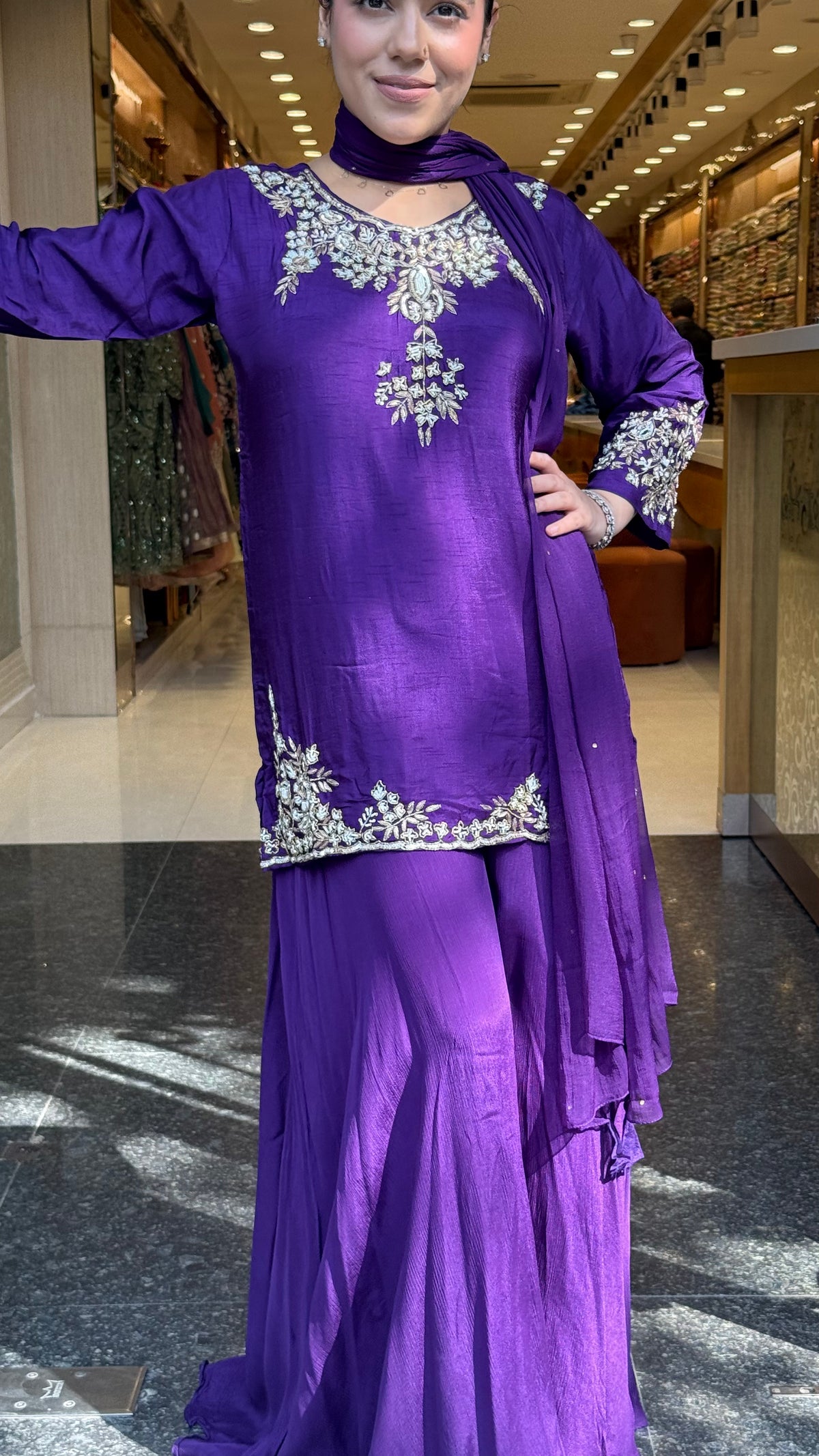 Gajji Silk Shirt & Chinon Suit Set with Dabka, Sequin & Pearl Work