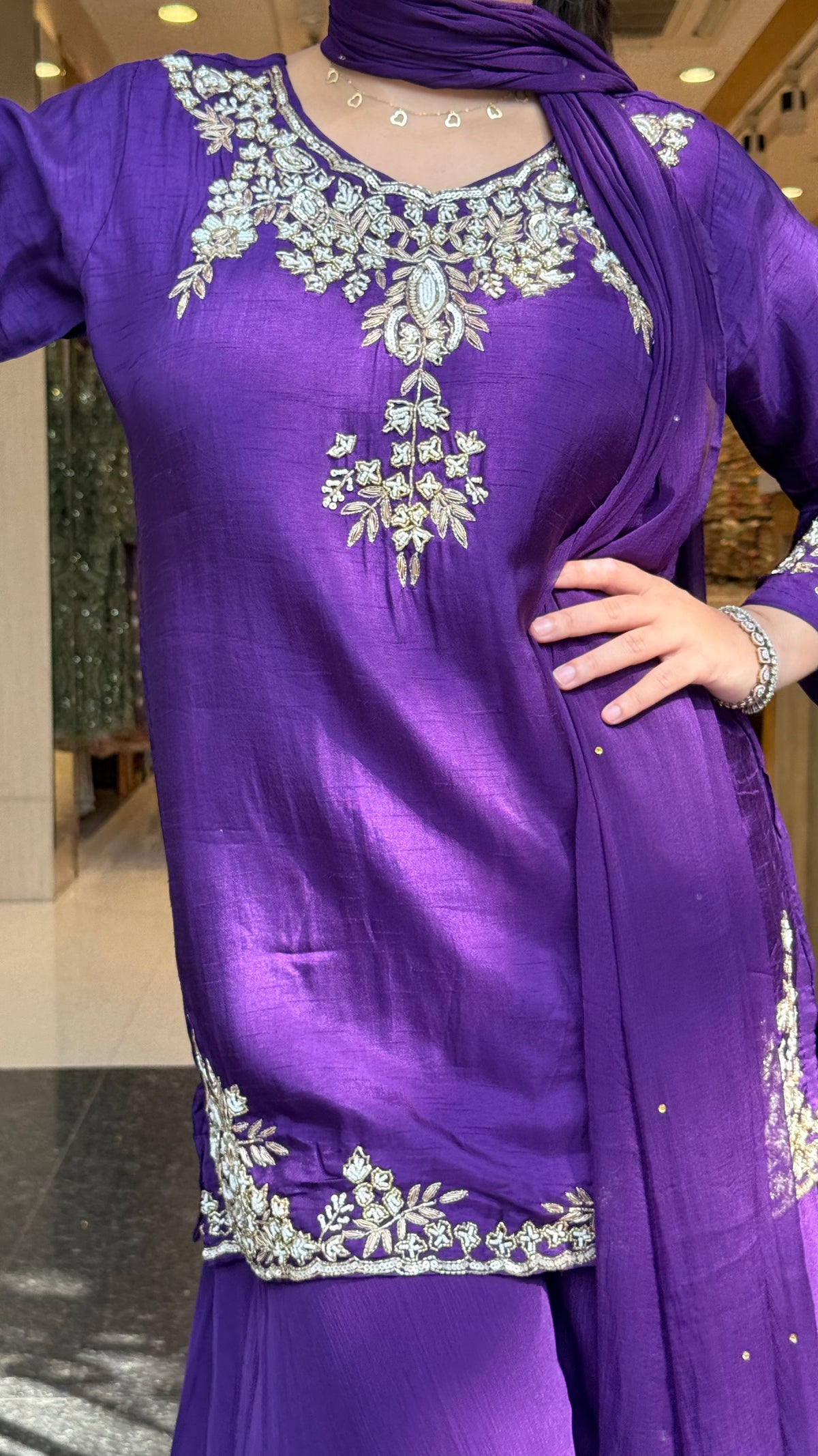 Gajji Silk Shirt & Chinon Suit Set with Dabka, Sequin & Pearl Work