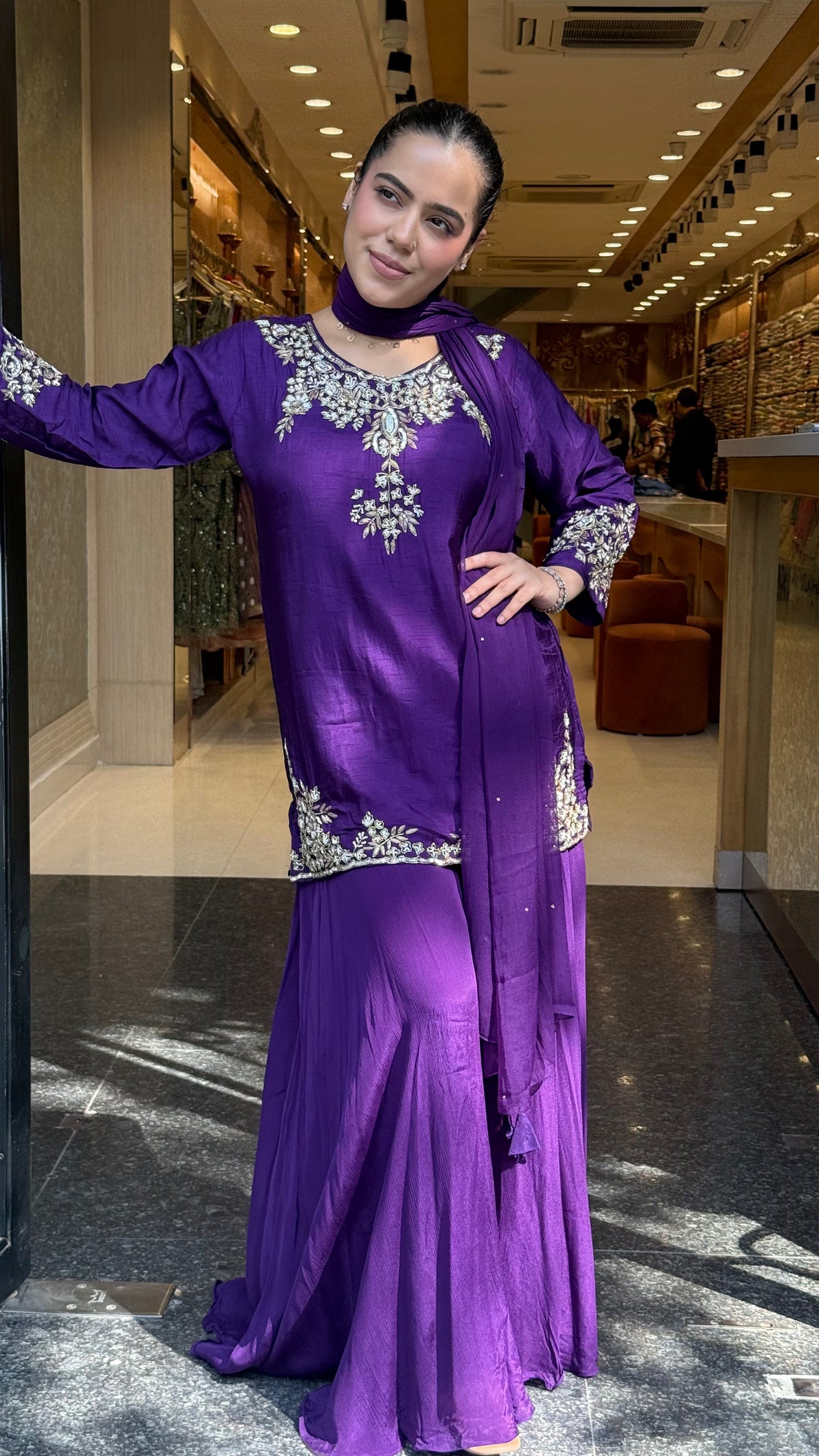 Gajji Silk Shirt & Chinon Suit Set with Dabka, Sequin & Pearl Work
