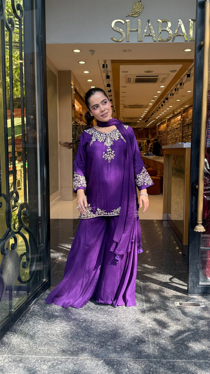 Gajji Silk Shirt & Chinon Suit Set with Dabka, Sequin & Pearl Work