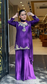 Gajji Silk Shirt & Chinon Suit Set with Dabka, Sequin & Pearl Work