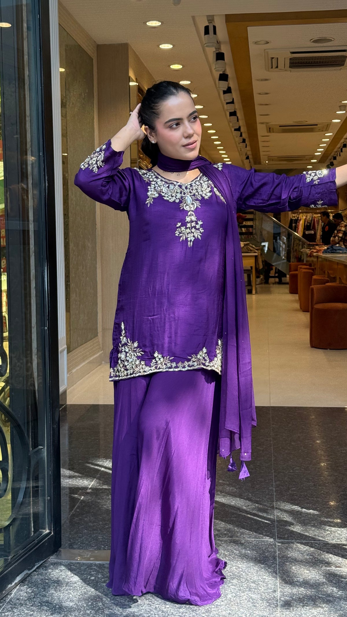 Gajji Silk Shirt & Chinon Suit Set with Dabka, Sequin & Pearl Work