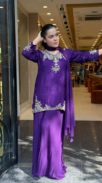 Gajji Silk Shirt & Chinon Suit Set with Dabka, Sequin & Pearl Work