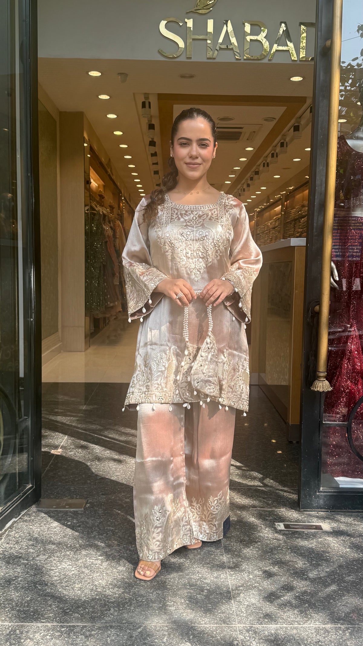 Shimmer Silk Suit Set with Leather Patch & Mirror Work