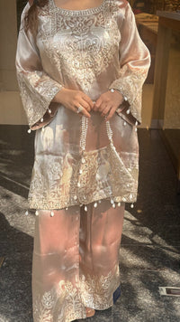 Shimmer Silk Suit Set with Leather Patch & Mirror Work