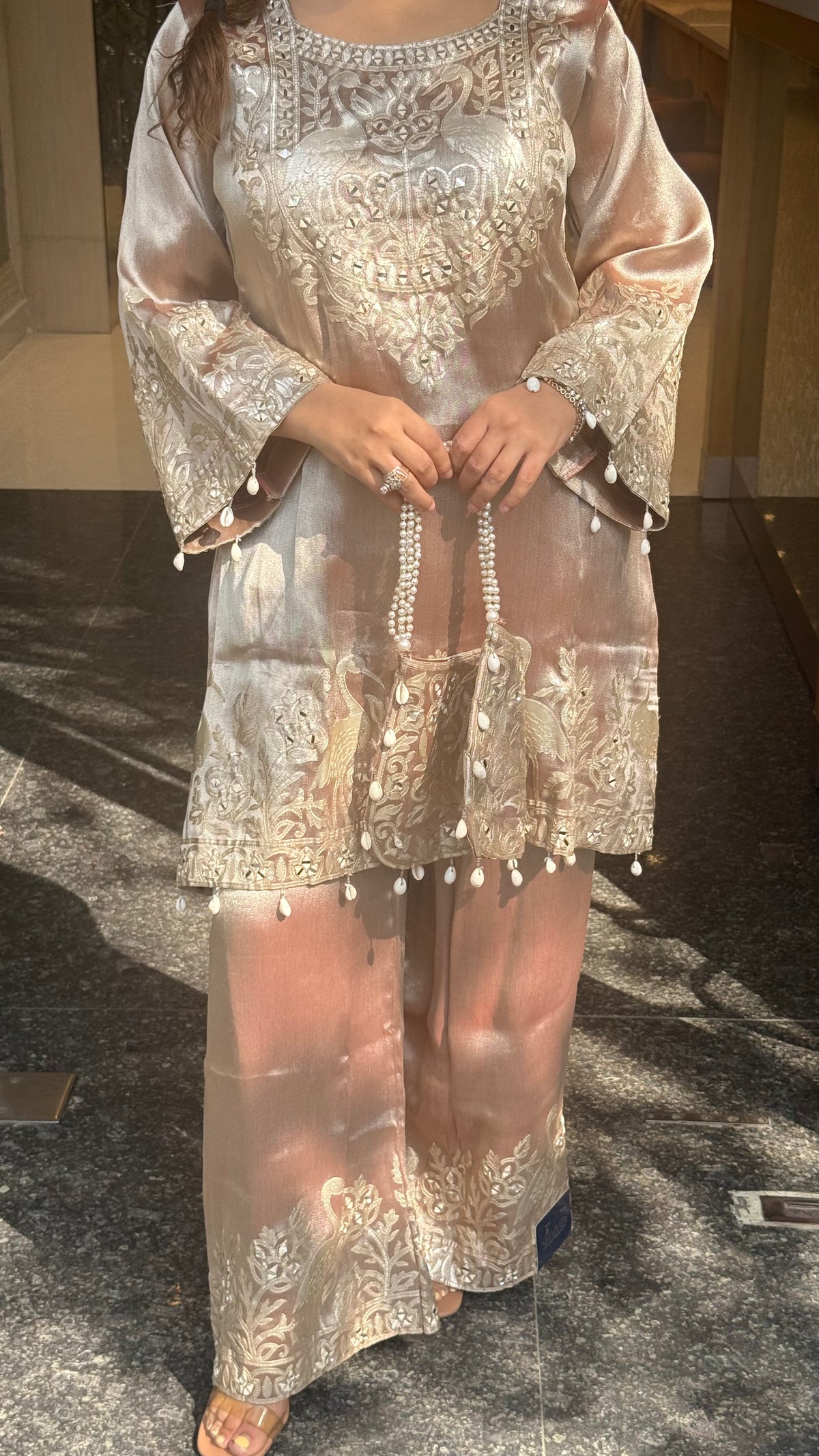 Shimmer Silk Suit Set with Leather Patch & Mirror Work
