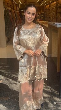 Shimmer Silk Suit Set with Leather Patch & Mirror Work