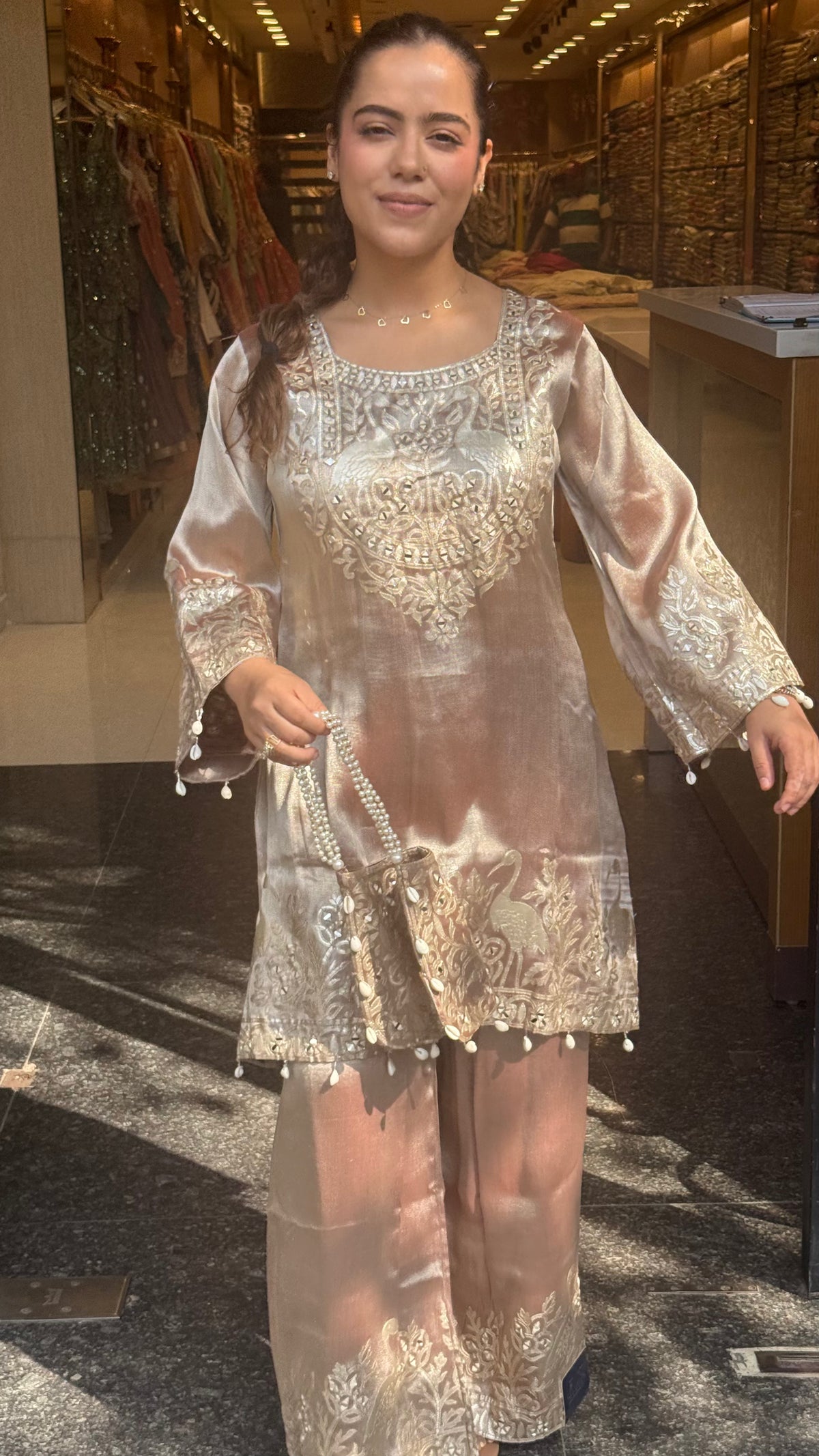 Shimmer Silk Suit Set with Leather Patch & Mirror Work