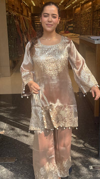Shimmer Silk Suit Set with Leather Patch & Mirror Work