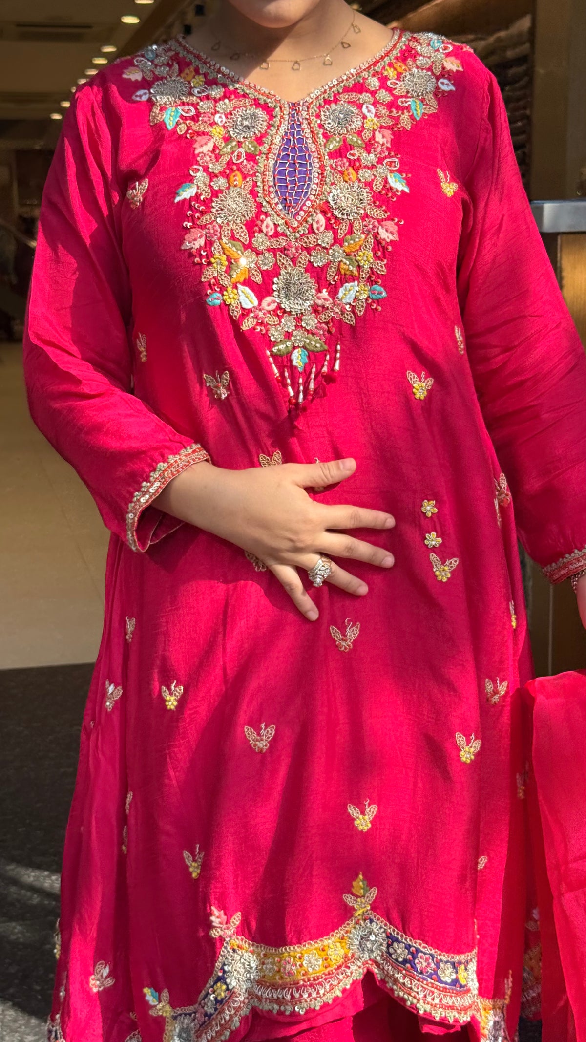 Gajji Silk A-Line Suit with Dabka Dori Work & Parsi Thread Embroidery