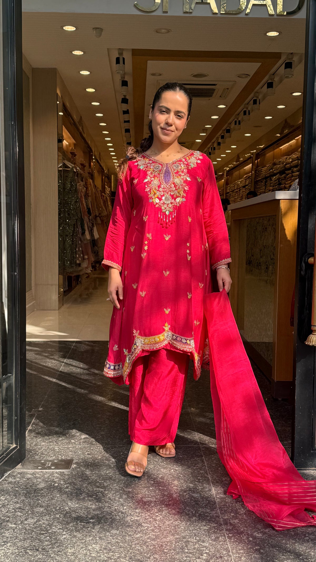 Gajji Silk A-Line Suit with Dabka Dori Work & Parsi Thread Embroidery
