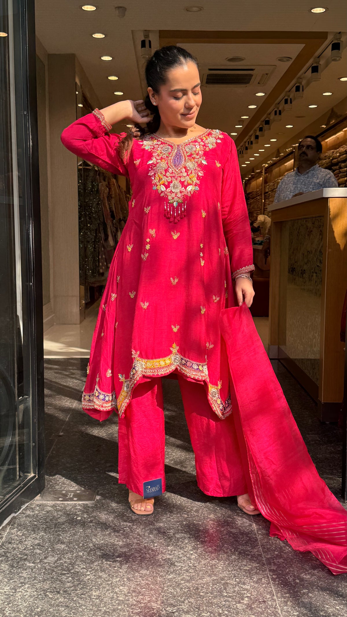 Gajji Silk A-Line Suit with Dabka Dori Work & Parsi Thread Embroidery