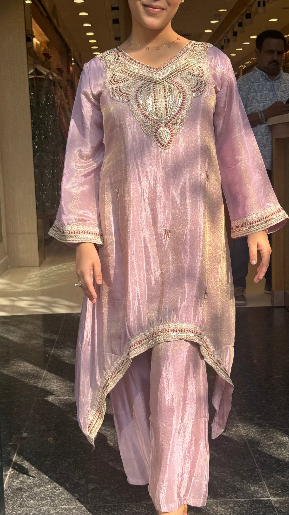 Shimmer Tissue Co-Ord Set with Dori Work Neckline